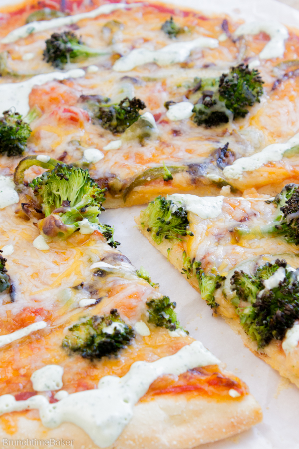 Brooklyn Style Pizza with Caramelized Jalapenos Onions Peppers and Broccoli