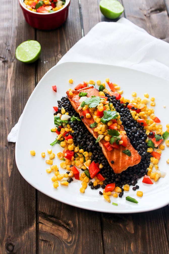 Pan Seared Salmon with Roasted Corn Salsa Served over Black Lentils + Relished Foods Delivery Giveaway 