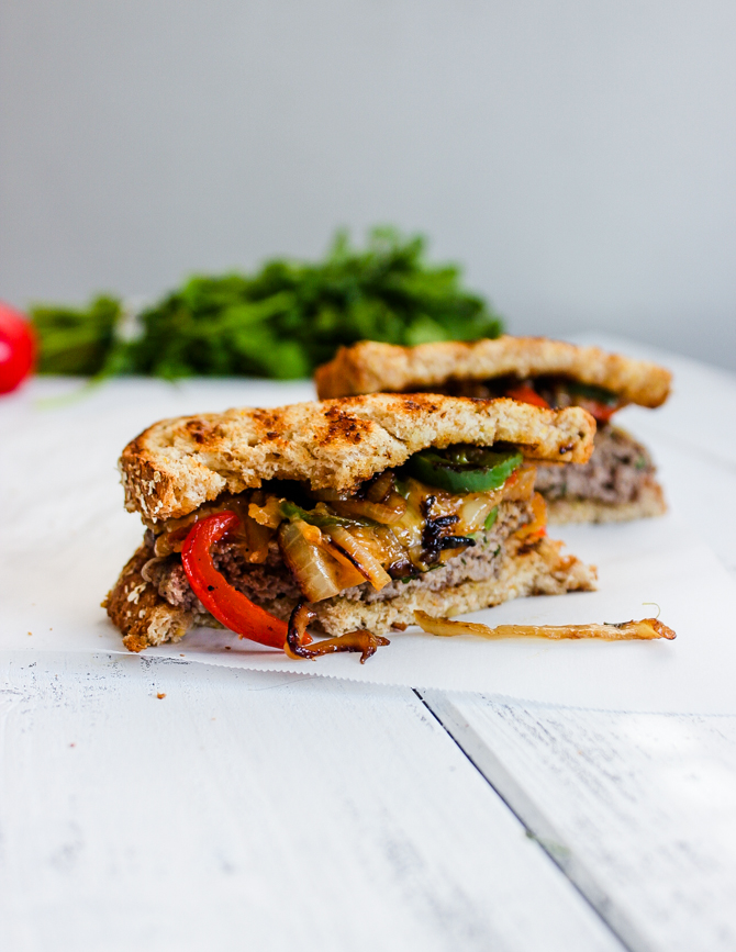 Patty Melt with Caramelized Red Pepper, Jalapeno and Onion