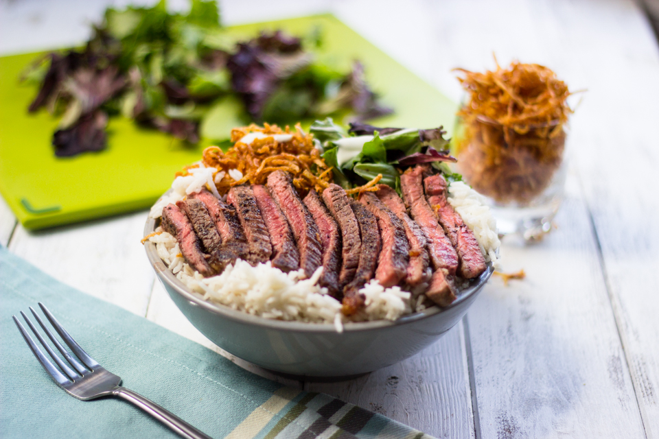 Easy Steak on Rice Bowls with Super Crispy Shoestring Fries | Gimme  Delicious
