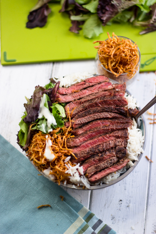 Easy Steak on Rice Bowls with Super Crispy Fries 