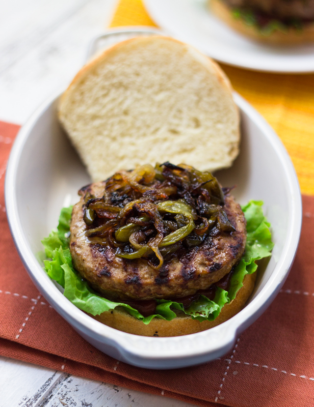 Turkey Burgers with Caramelized Onions and Bell Peppers