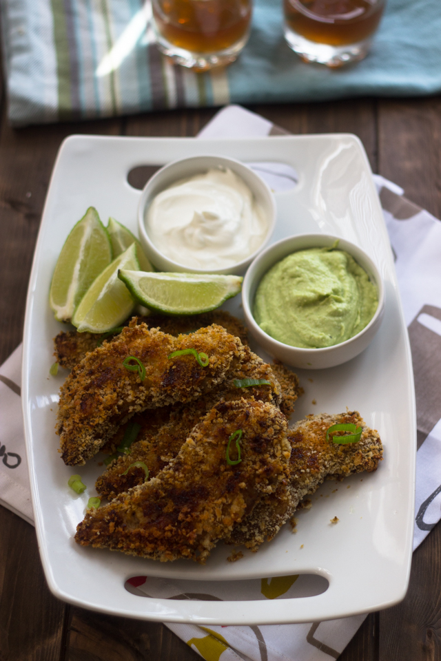 Mexican Inspired Baked Chicken Tenders with Creamy Avocado Dip