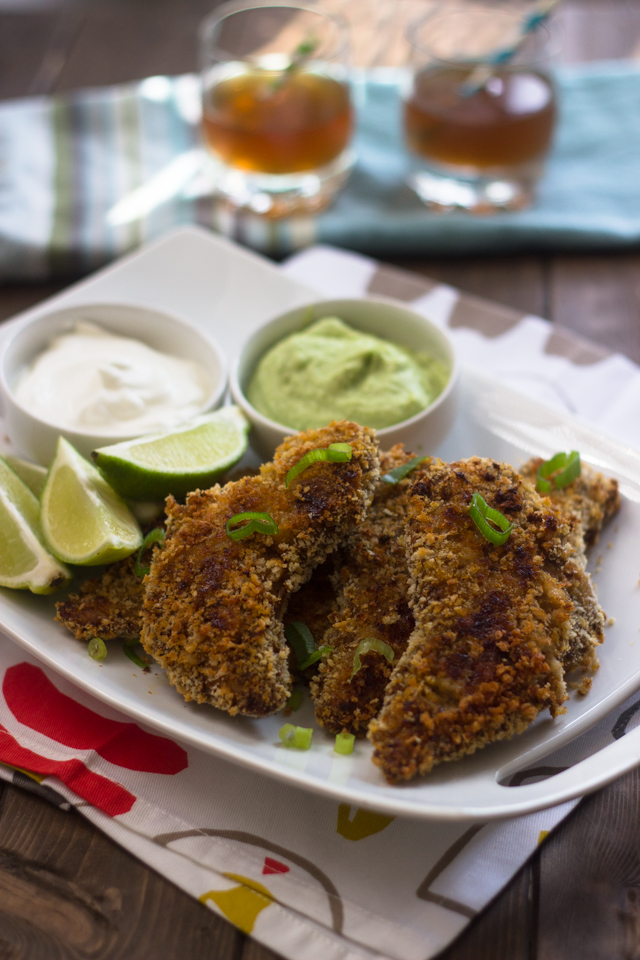 Mexican Inspired Baked Chicken Tenders with Creamy Avocado Dip