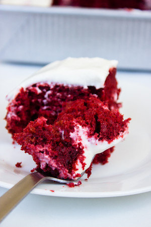 Red Velvet Poke Cake with Cream Cheese Frosting | Gimme Delicious