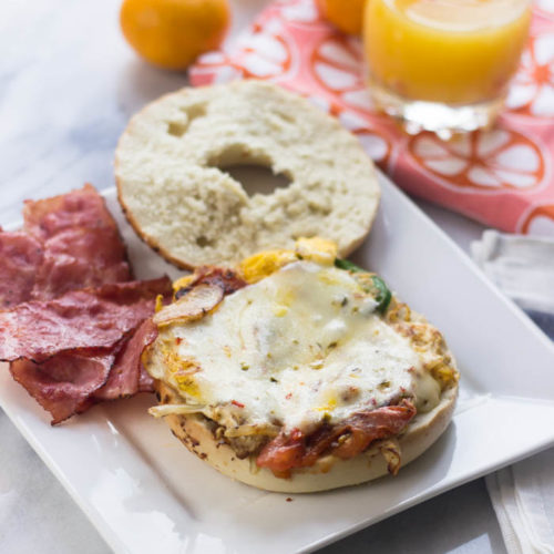 Easy Pastrami, Egg & Cheese on A Bagel with Sautéed Onions & Jalapeño ...