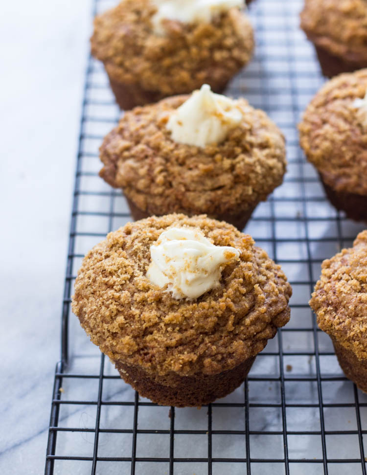 Cream Cheese Frosting Filled Banana Crumb Muffins