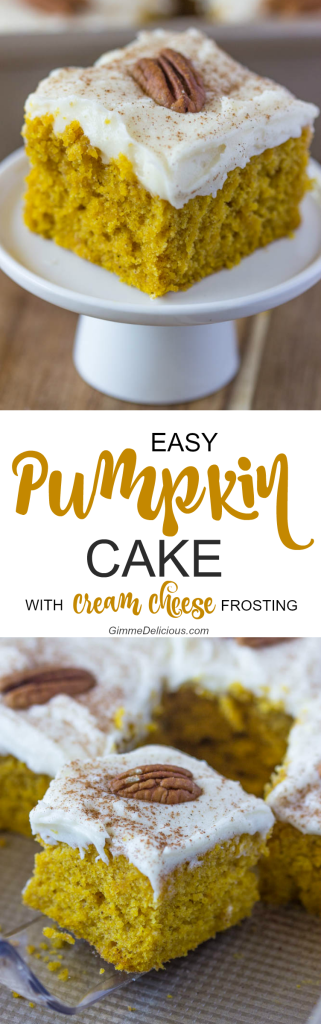Easy Pumpkin Cake with Cream Cheese Frosting #sheetcake #spiced #bars #gimmedelicious