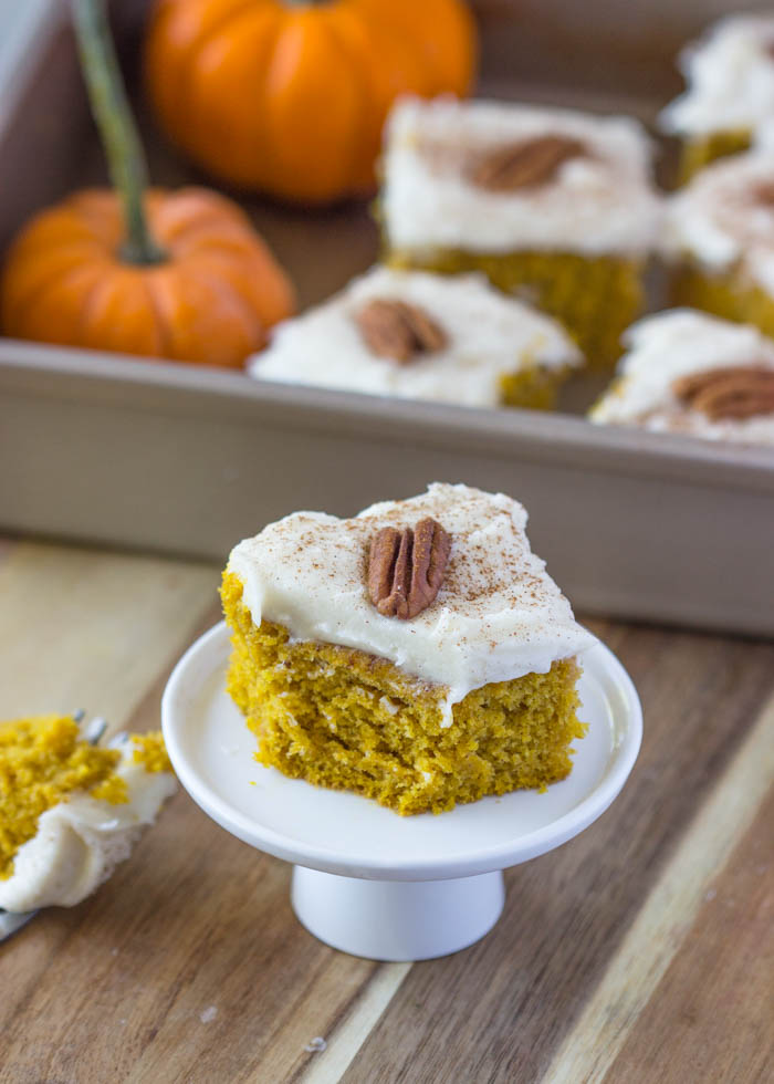 Easy Pumpkin Cake with Cream Cheese Frosting #sheetcake #spiced #bars #gimmedelicious