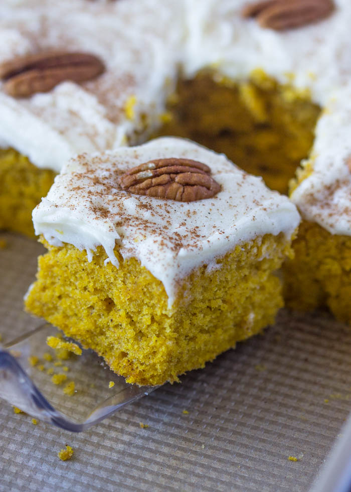 Pumpkin Cake with Cream Cheese Frosting #sheetcake #easy #spiced #bars #gimmedelicious