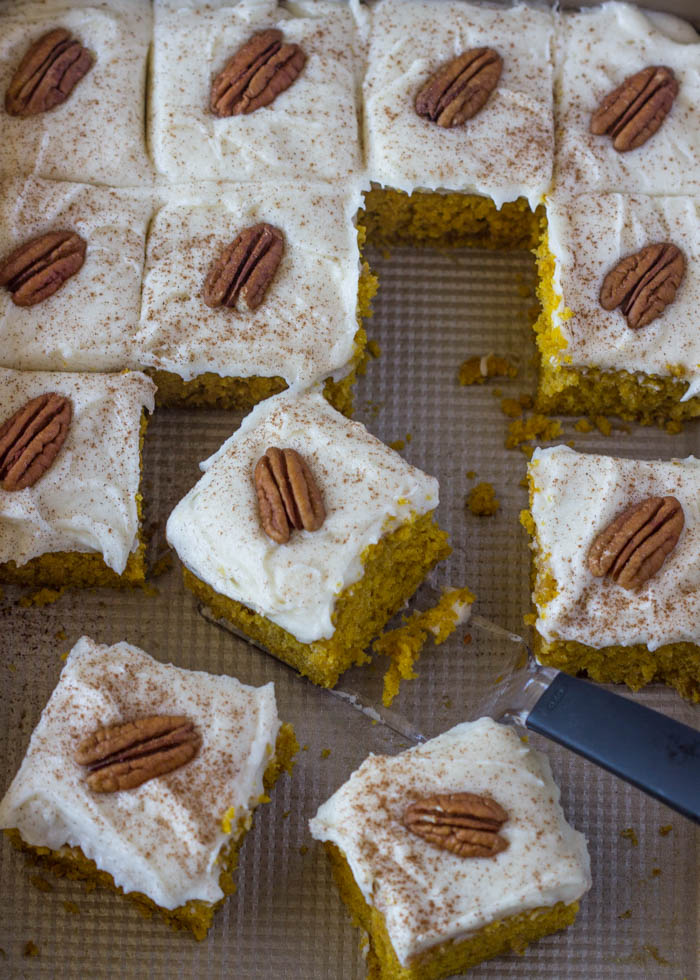 Pumpkin Cake with Cream Cheese Frosting #sheetcake #easy #spiced #bars #gimmedelicious