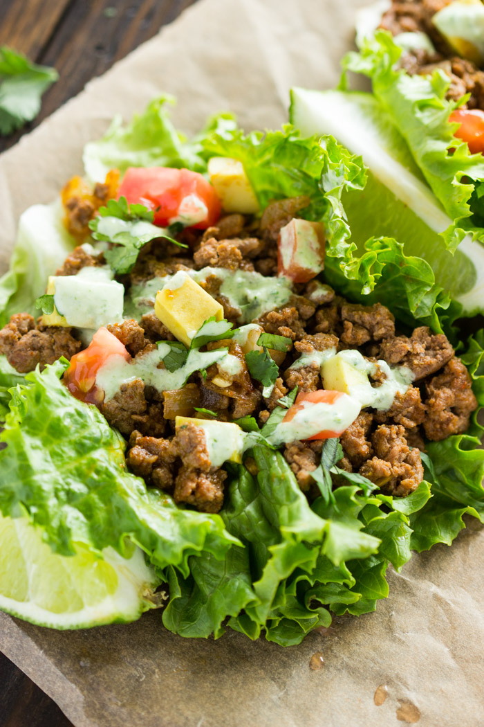 Beef Lettuce Wraps with Spicy Cilantro Jalapeno Sauce