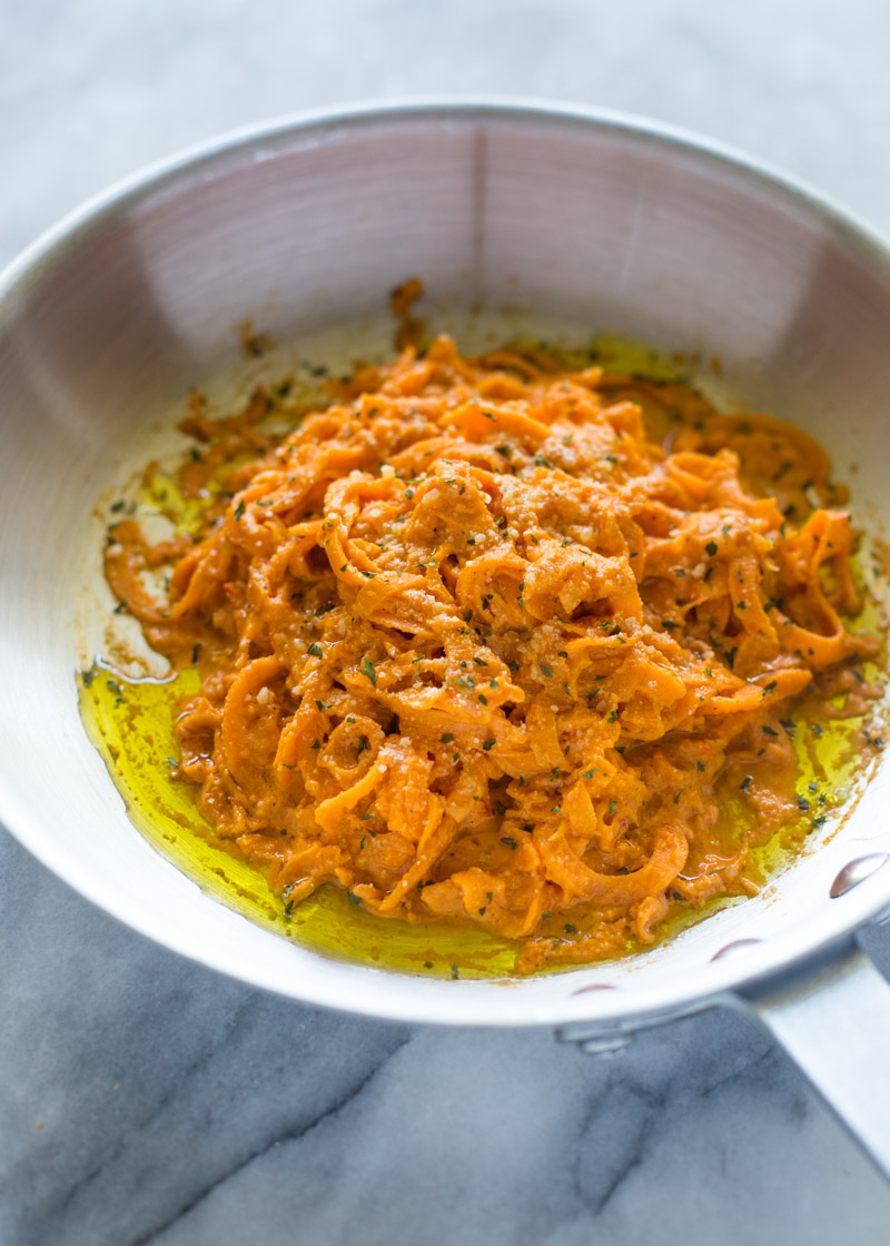 Spiralized Sweet Potato "Pasta" with Roasted Garlic Red Pepper Cream Sauce