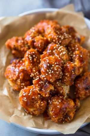 Sticky Honey Sriracha Cauliflower “Wings” (Baked or Fried) | Gimme ...