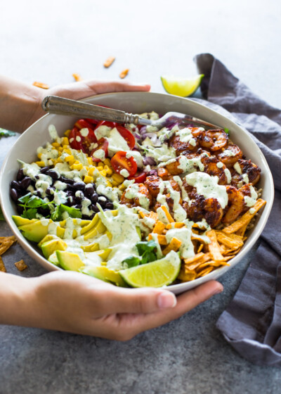 Shrimp Taco Bowls with Low-Fat Creamy Cilantro Sauce | Gimme Delicious