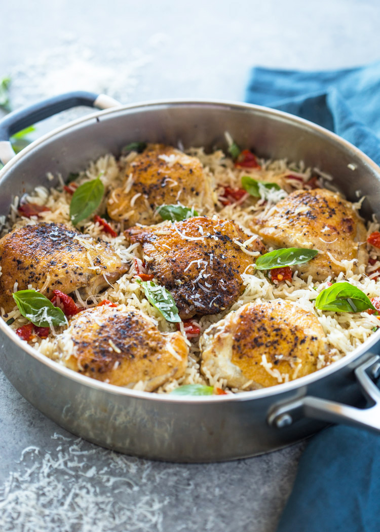 One Pan Chicken and Rice with Sun-dried tomato, Parmesan and Basil