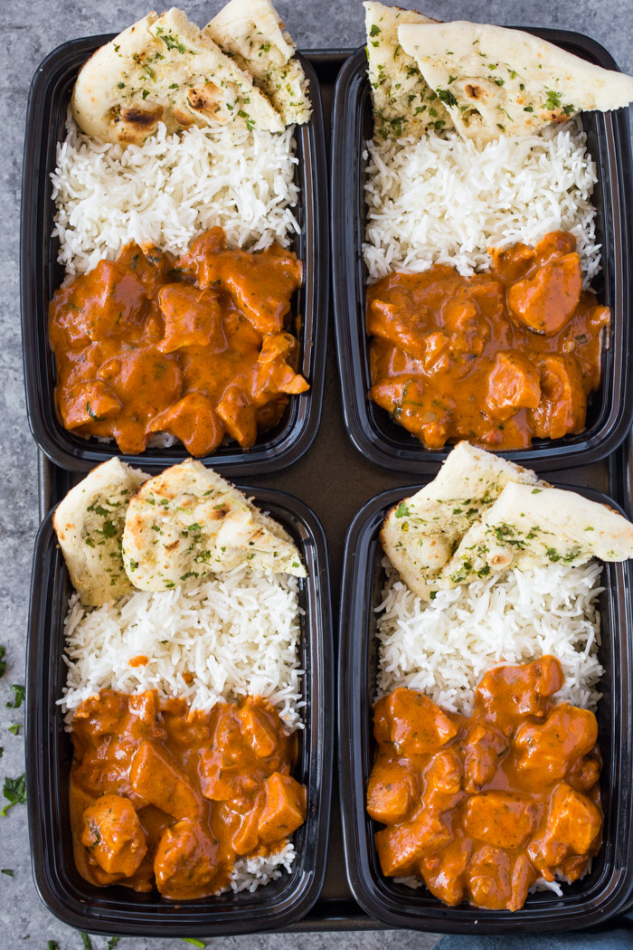 Meal Prep Butter Chicken with Rice and Garlic Naan via Gimme Delicious