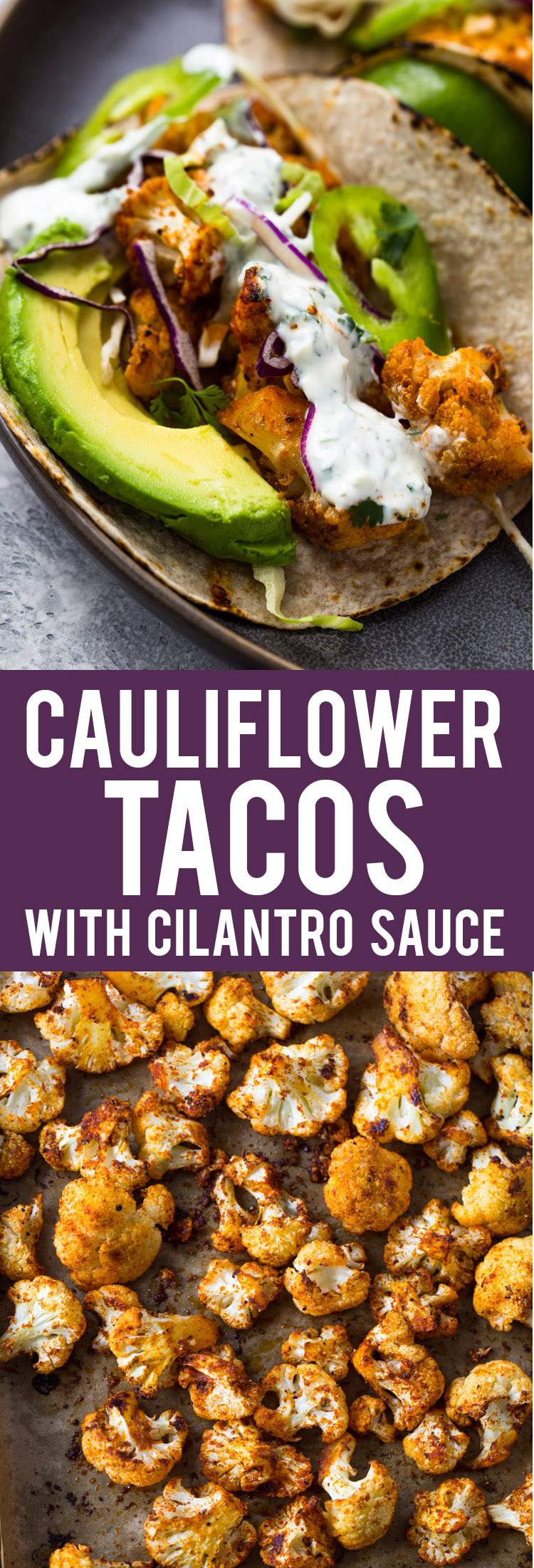 Spicy Baked Cauliflower Tacos with Cilantro Sauce