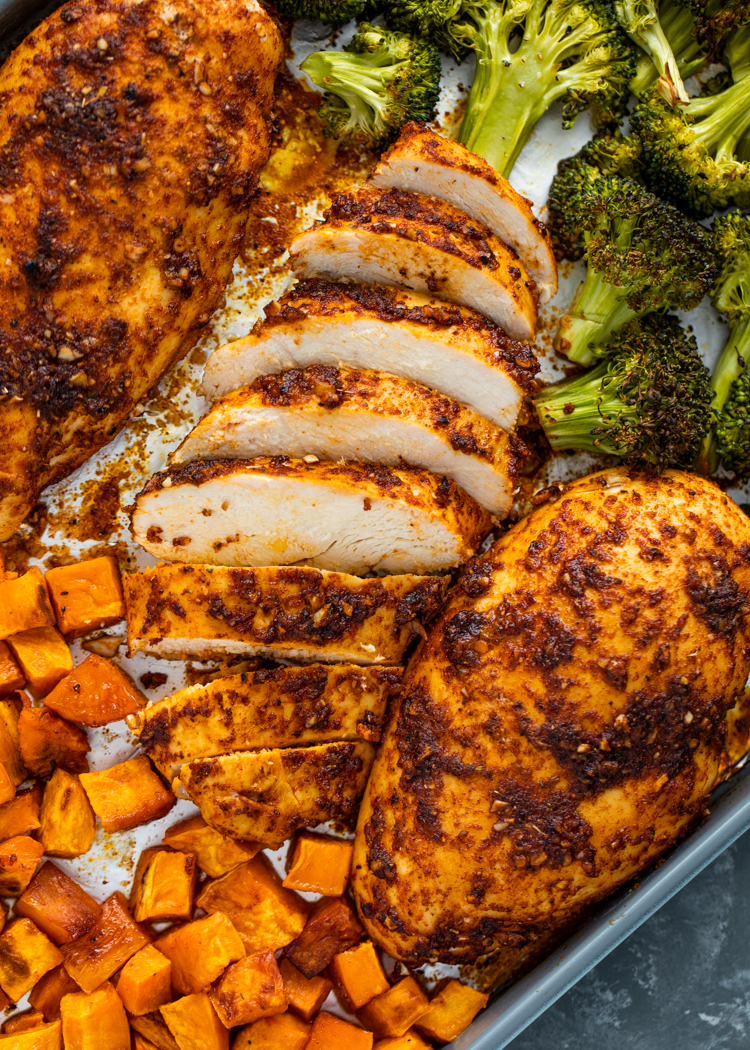 Sheet Pan Roasted Chicken Sweet Potatoes Broccoli Meal Prep