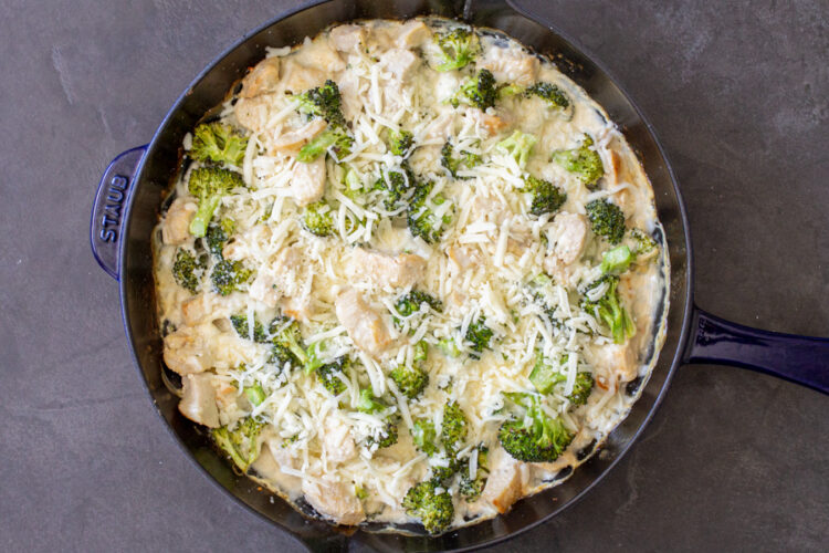 chicken, broccoli and creamy sauce with cheese on top