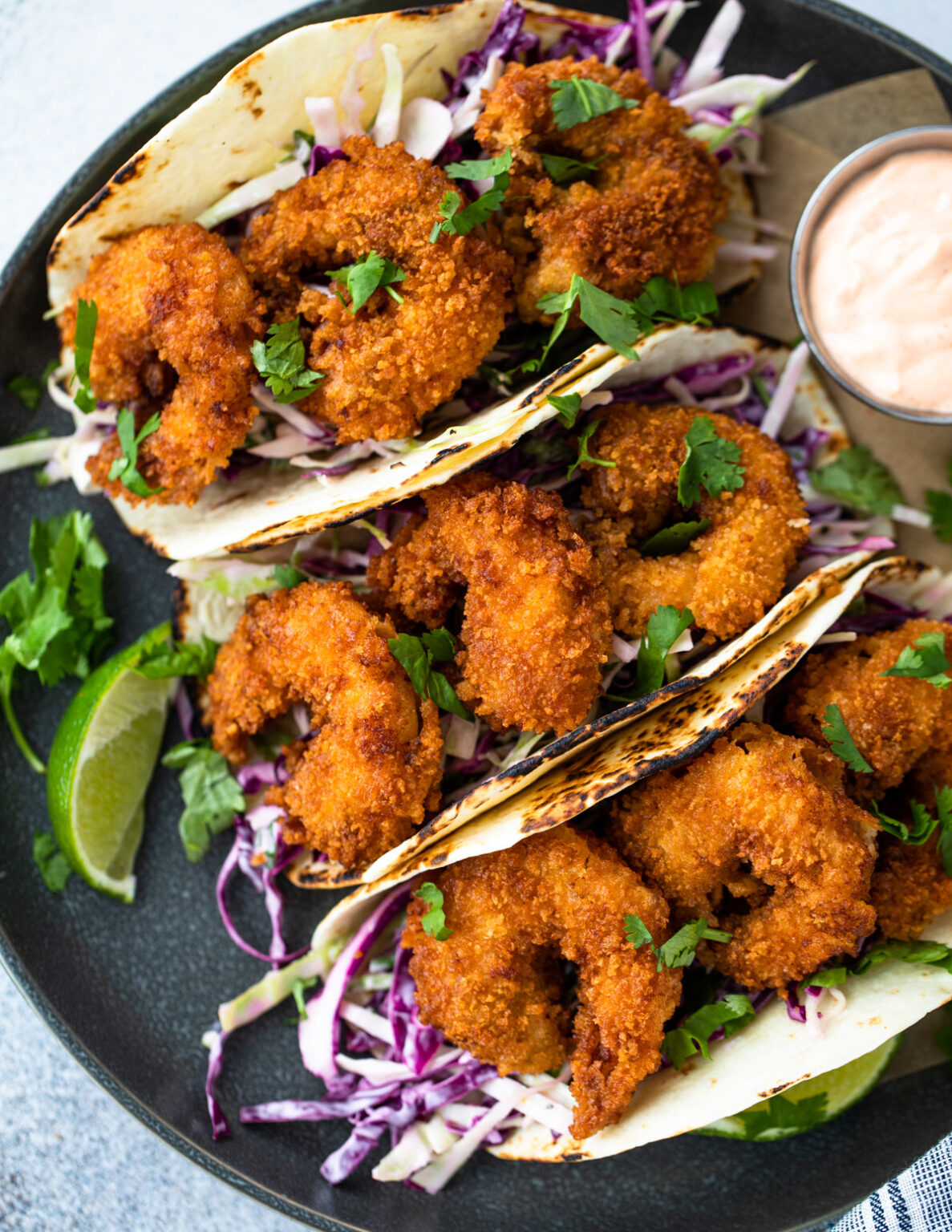 Crispy Shrimp Tacos with Cilantro Cabbage Slaw | Gimme Delicious