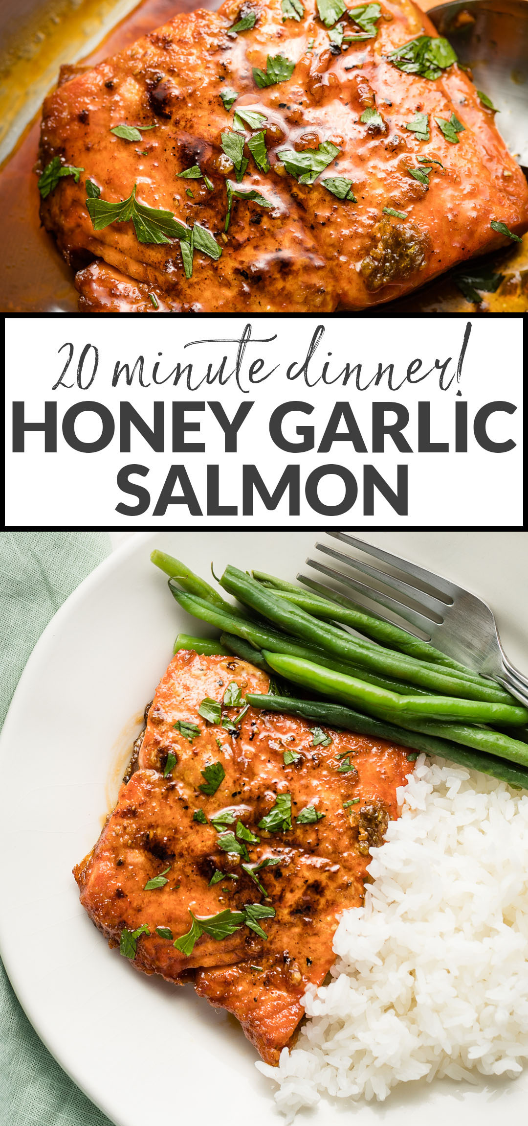 Tender salmon coated in an irresistible, 4-ingredient, sweet and savory sauce. This honey garlic salmon comes together in just 20 minutes and will be your new favorite healthy ultra-fast meal.