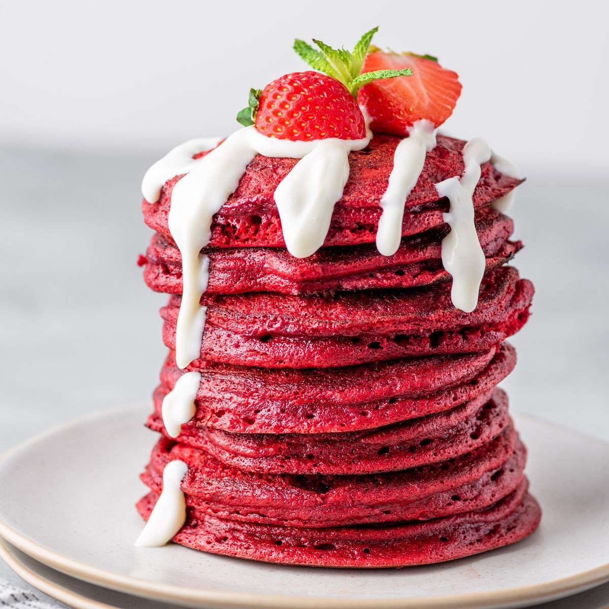 Cake Batter Red Velvet Pancakes with Cream Cheese Syrup  Gimme Delicious
