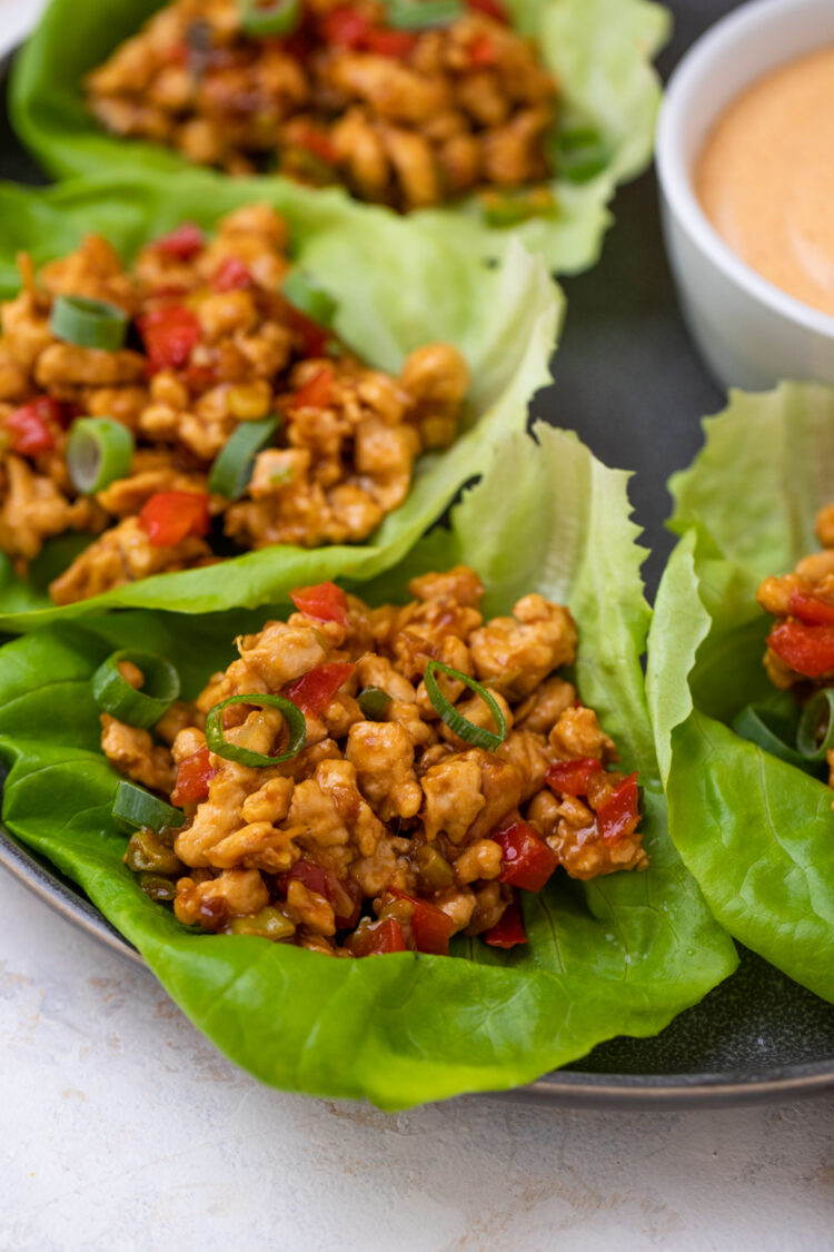 diced chicken and peppers in lettuce wraps