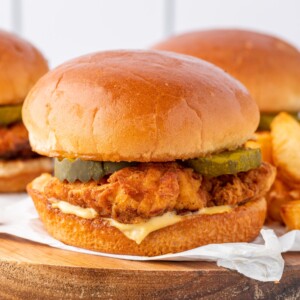 Chick-fil-A Crispy Chicken Sandwich with pickles and sauce.