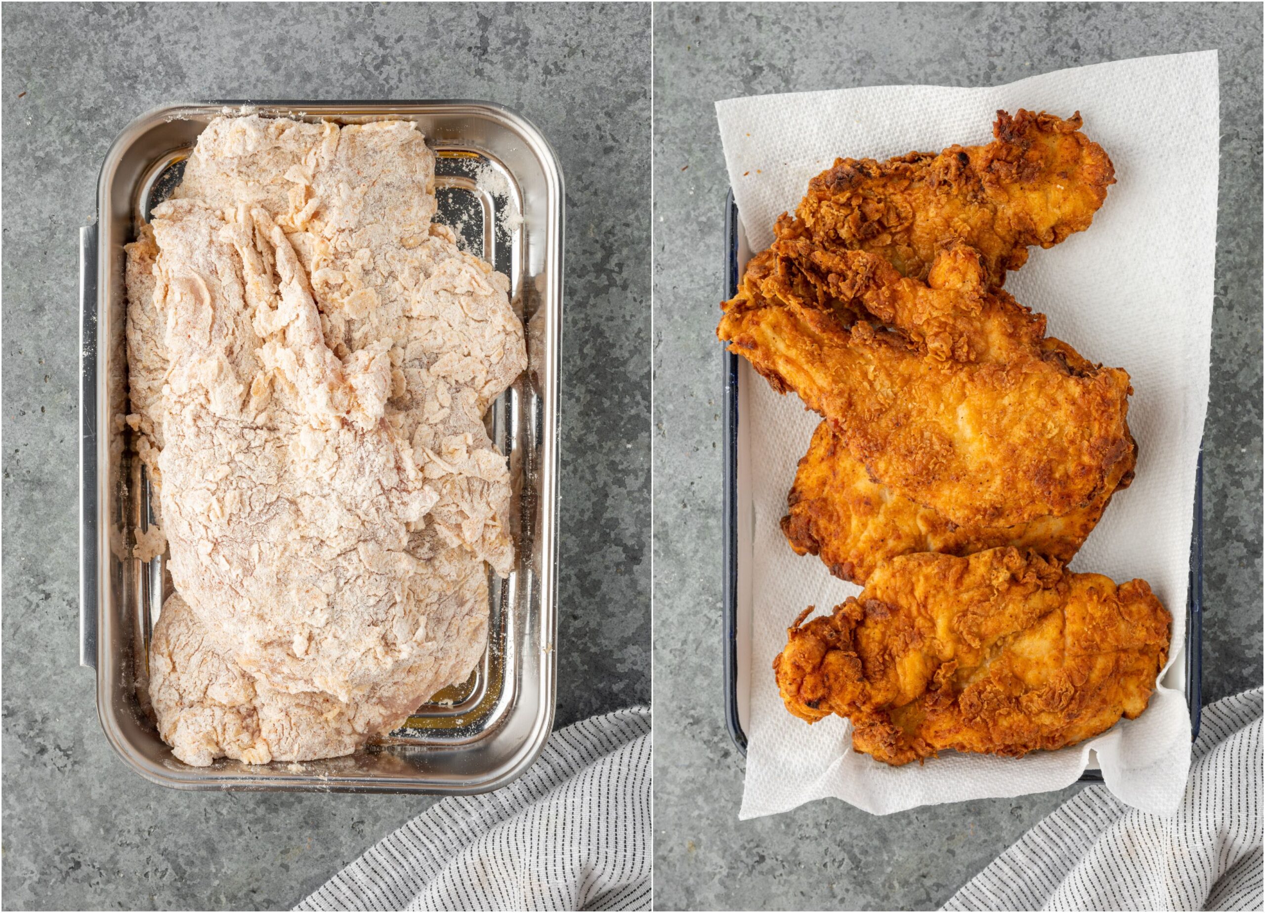 Dredging chicken breasts in flour mixture and cooked crispy chicken.