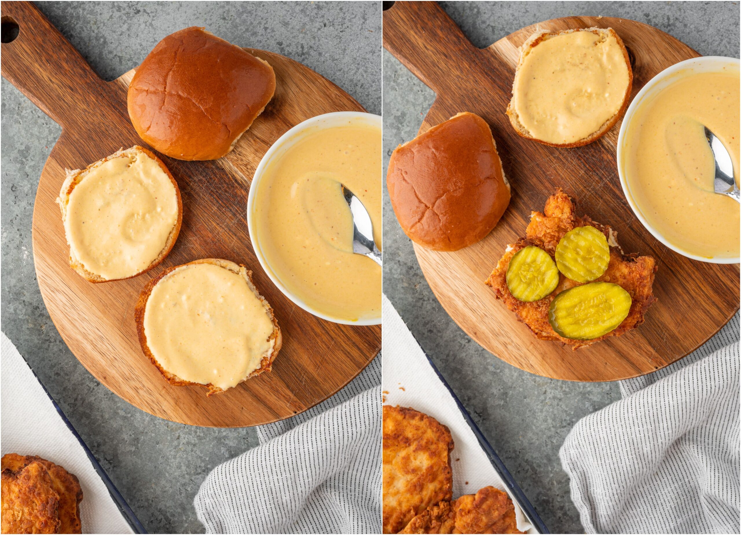 Serving Chick Fil A crispy chicken sandwiches with sauce and dill pickle chips.