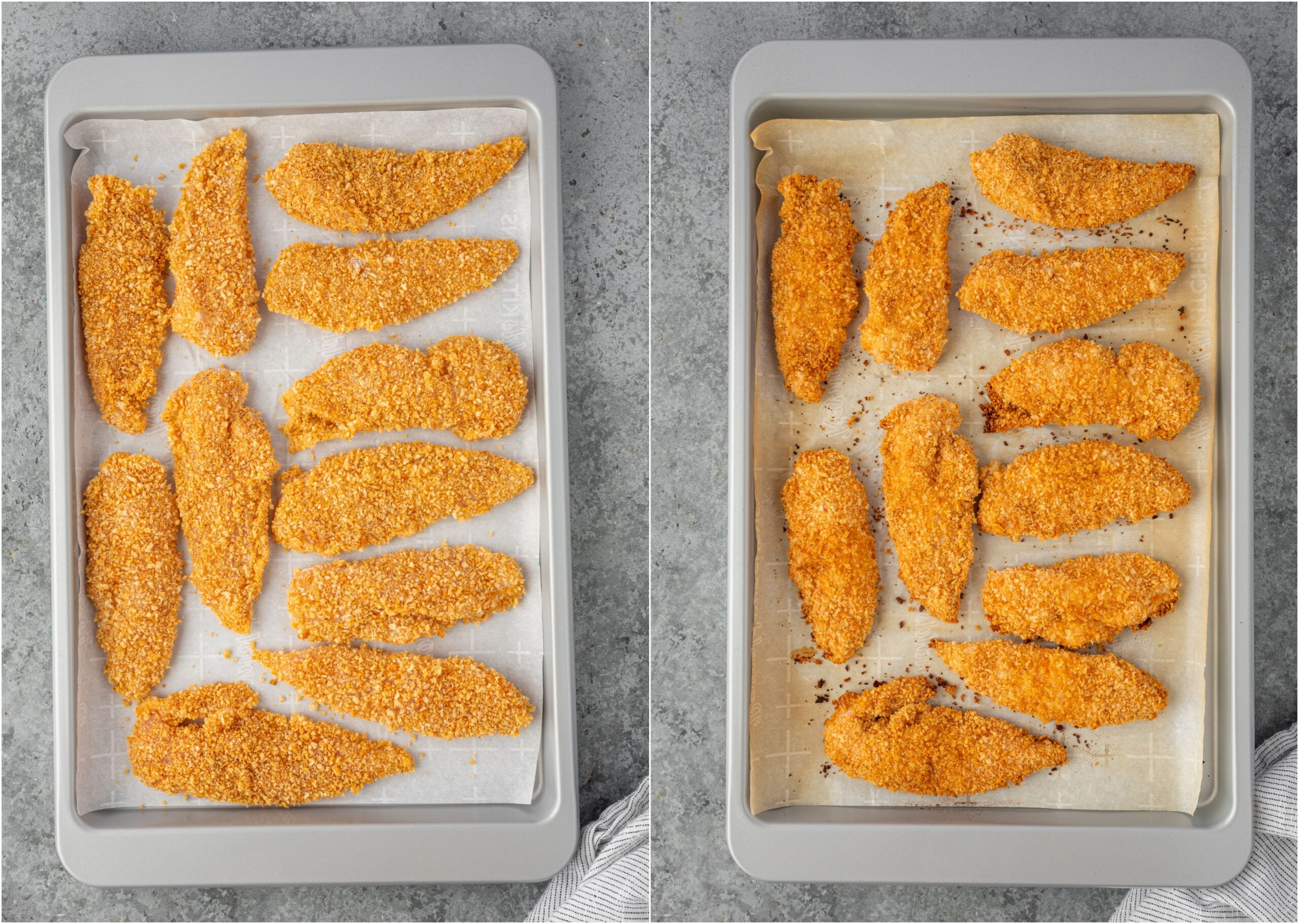 Chicken tenders on a pan before and after being baked.