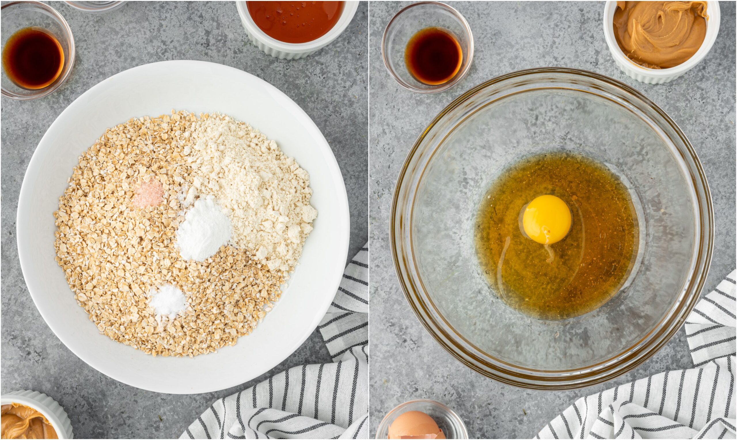 Mixing dry ingredients in one bowl and the egg and honey in another bowl.