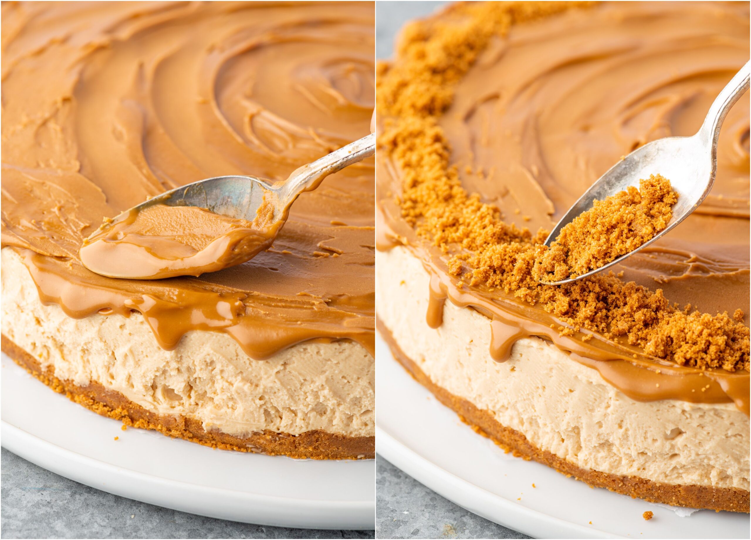 Adding Biscoff spread and cookie crumbs to the top of a cheesecake.