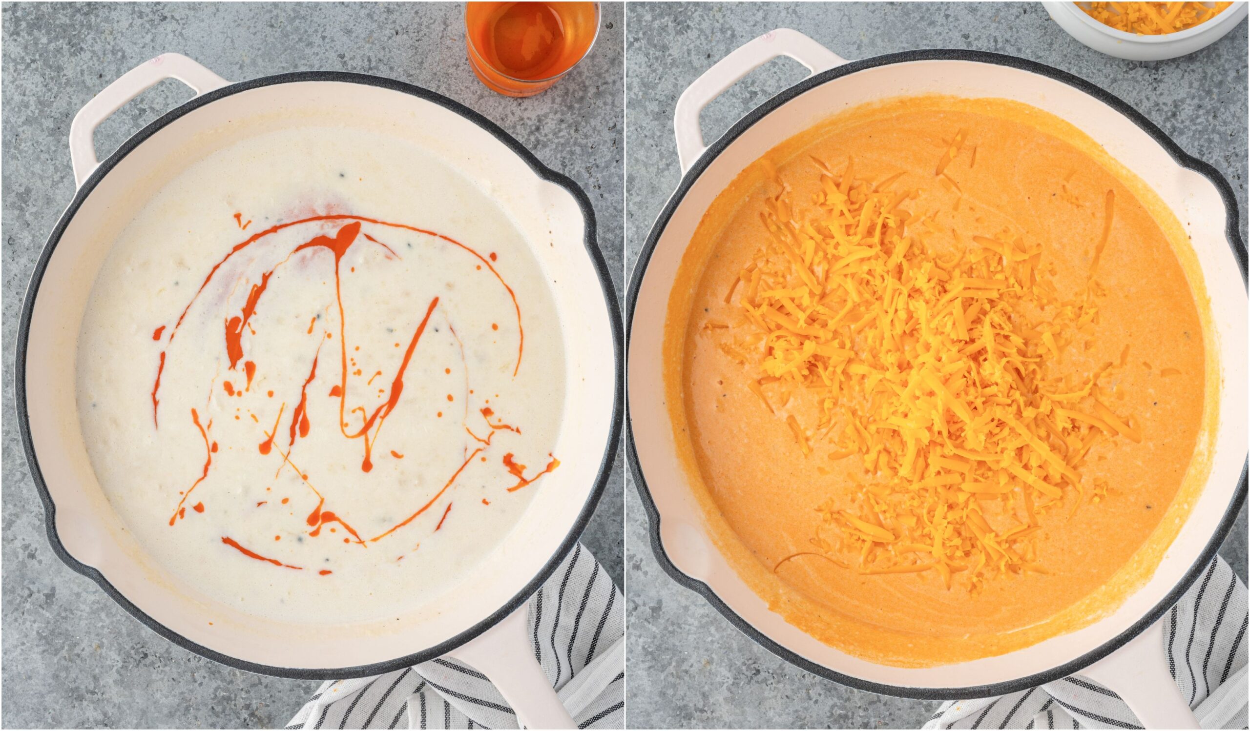 Making the cheese sauce with cheddar cheese and buffalo sauce.