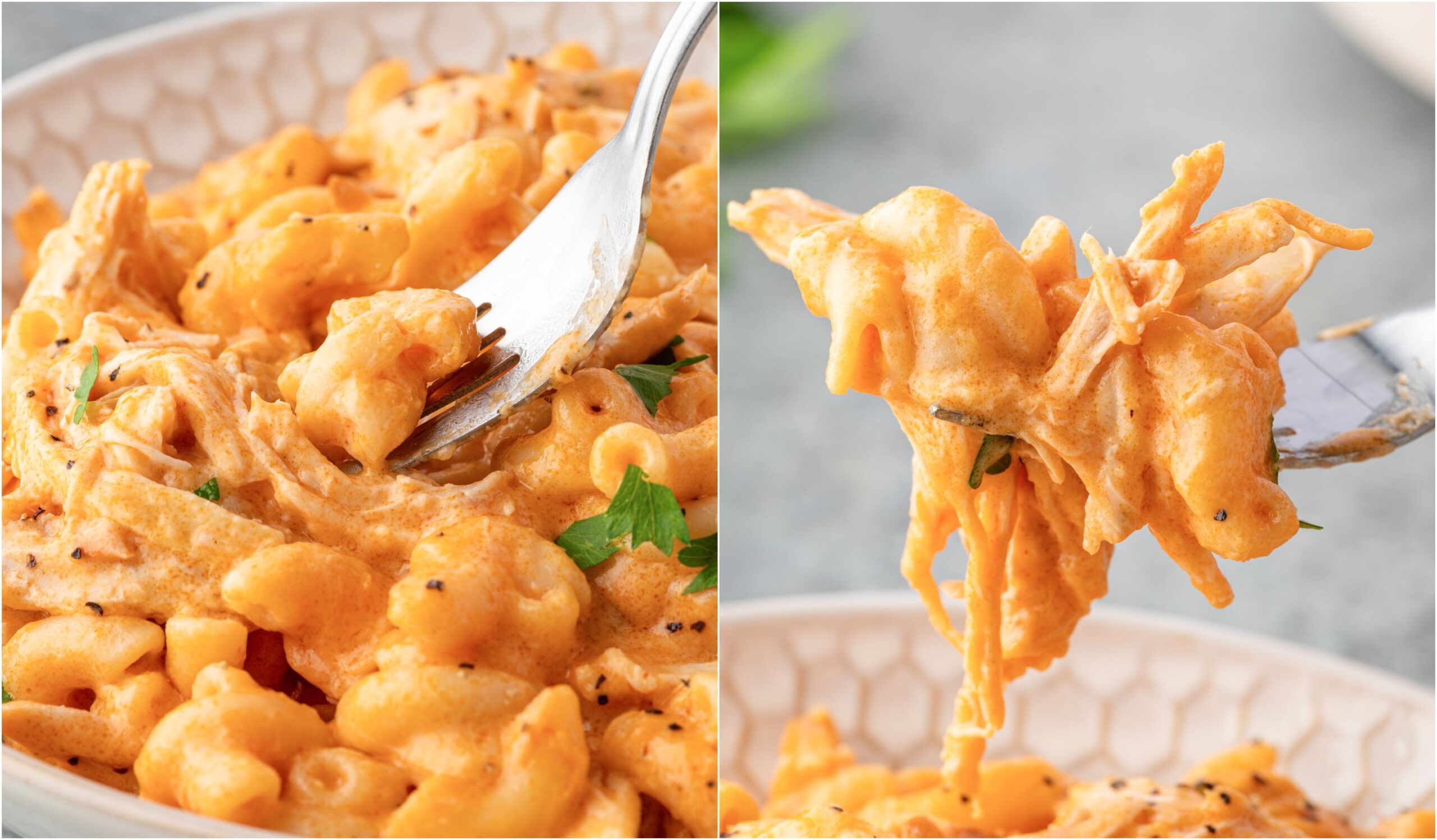Eating buffalo chicken Mac and cheese with a fork.