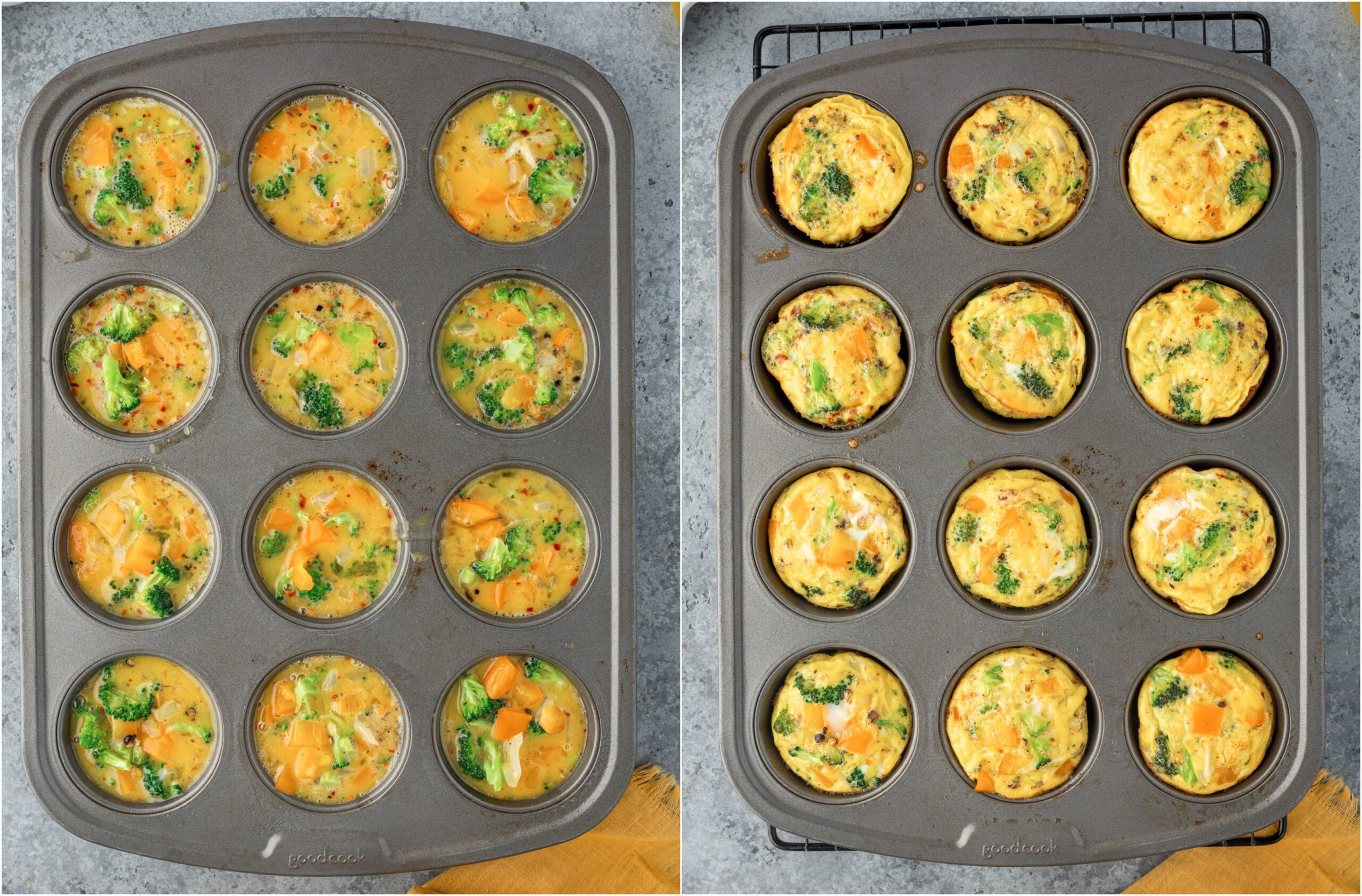 Egg breakfast muffins baked in a muffin pan.