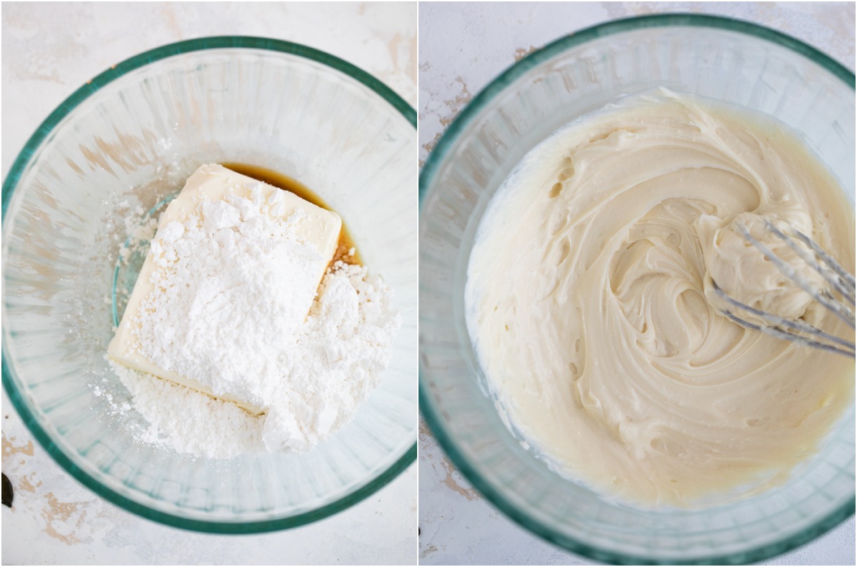 Combining cream cheese with powdered sugar and vanilla.