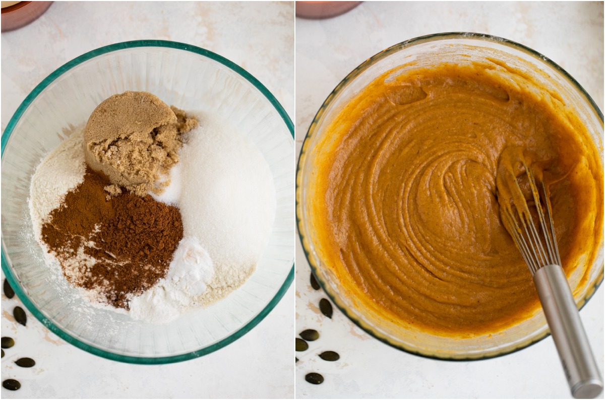 Mixing pumpkin with sugar, flour, spices and eggs.