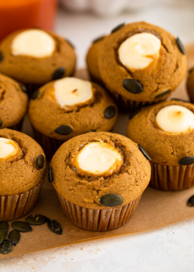 Pumpkin cream cheese muffins with chocolate chips.