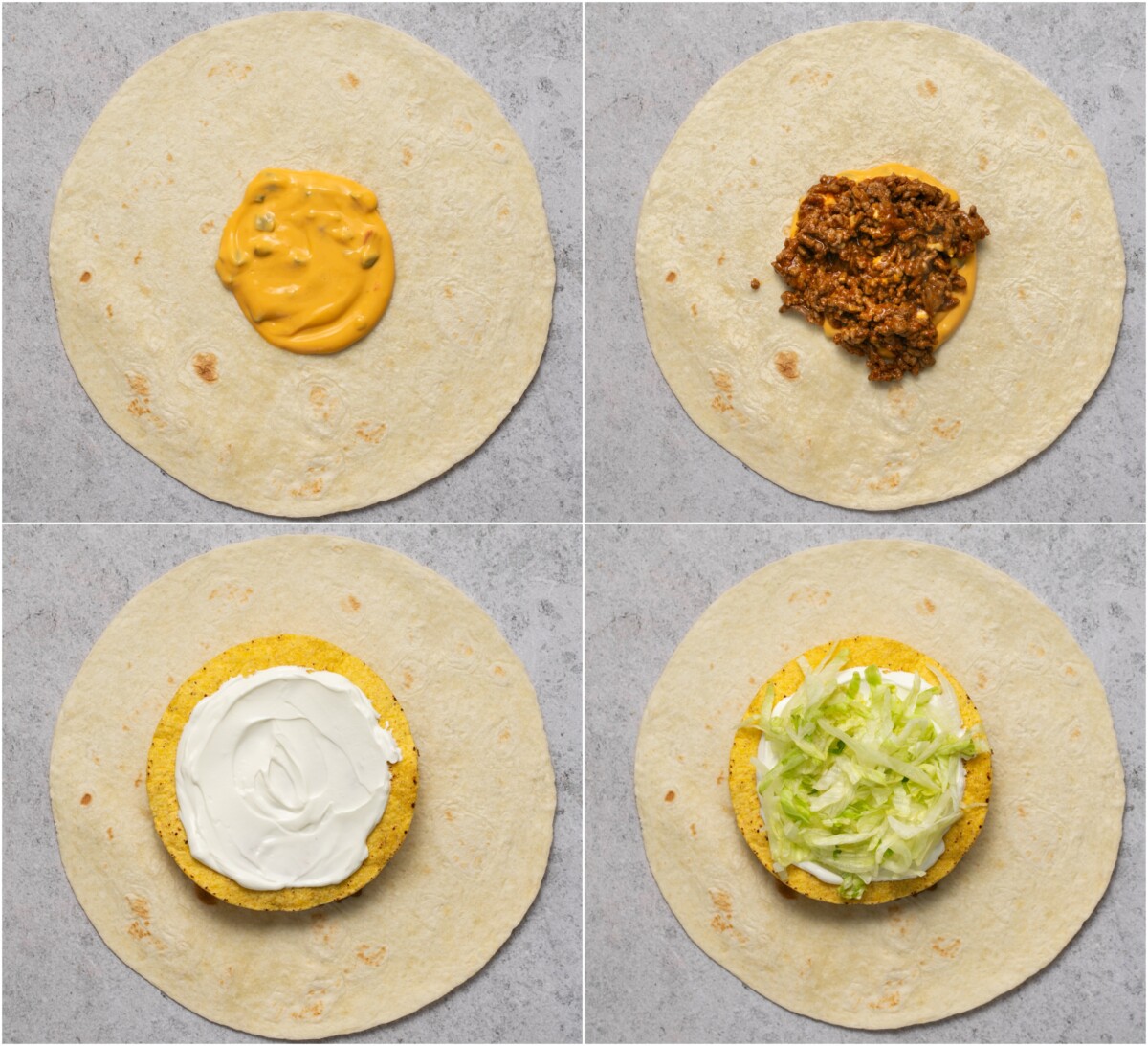 Process photos of queso, ground beef, tostada, sour cream, and lettuce going in the middle of a tortilla