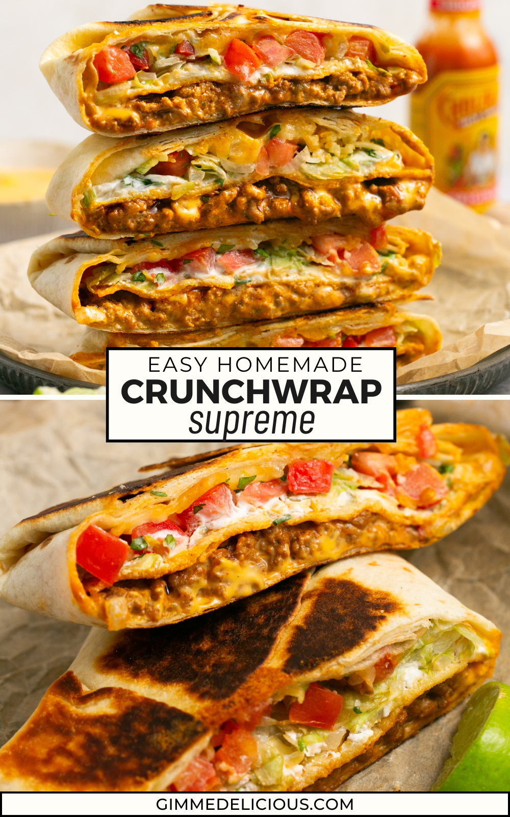 Beef crunchwrap supremes with recipe title in text overlay. 