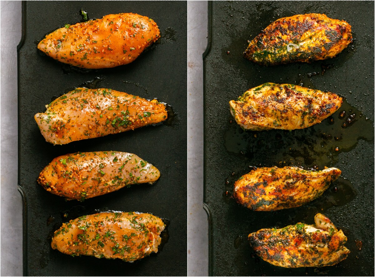 Raw marinated chicken breasts and grilled chicken breasts