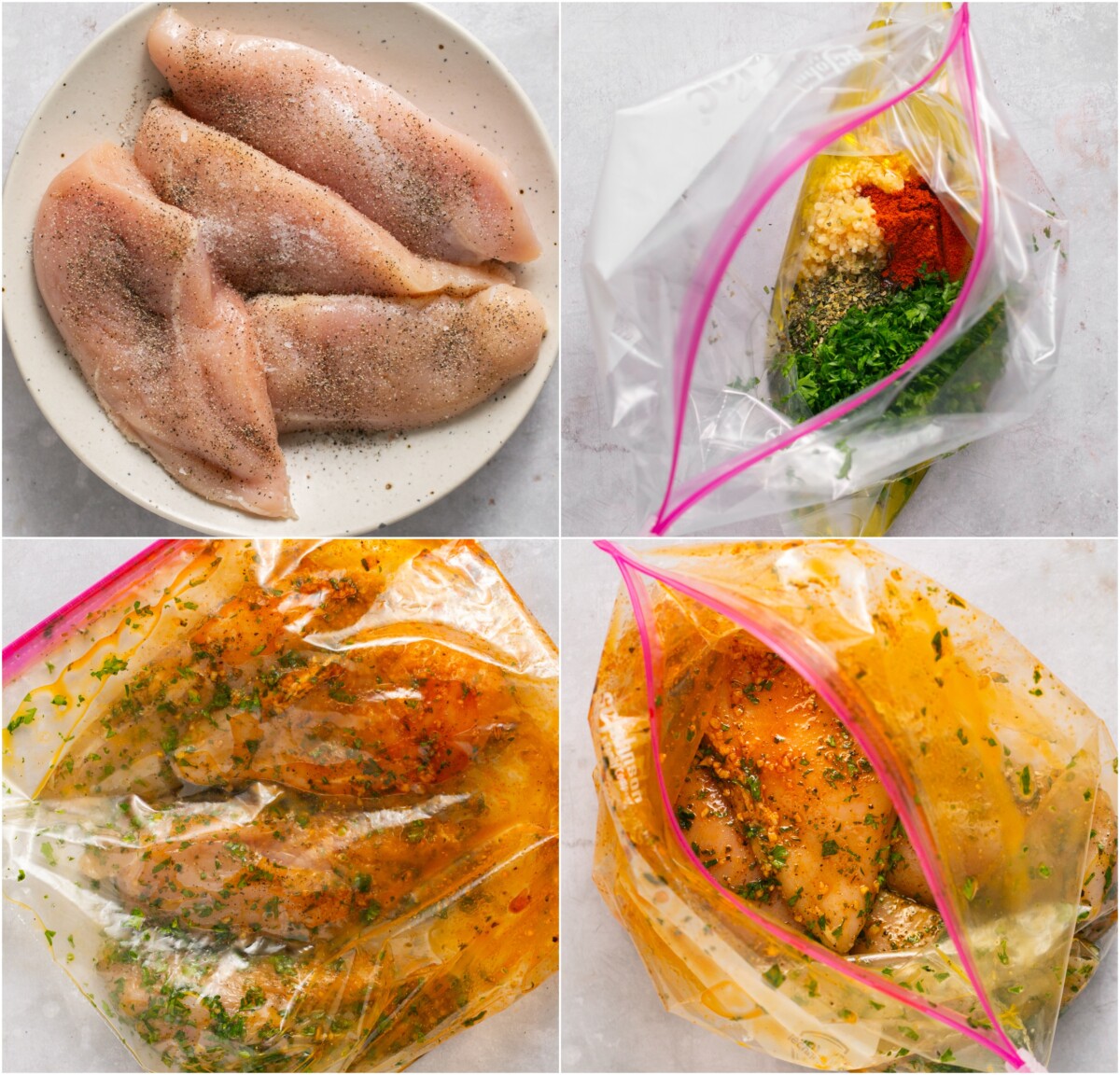4 photo collage with seasoned chicken breasts, a bag of marinade ingredients, a sealed bag with chicken and marinade inside, and a bag opened to reveal the marinated chicken. 