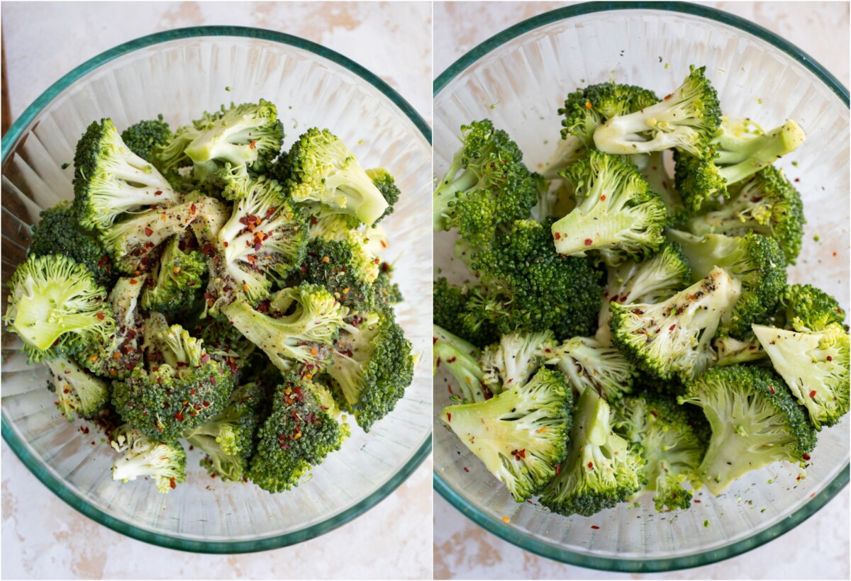 Adding oil and seasonings to broccoli in a bowl.
